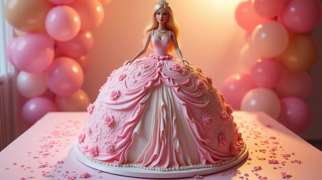 Beautiful Barbie cake decorated with pink frosting and edible flowers for a birthday party.