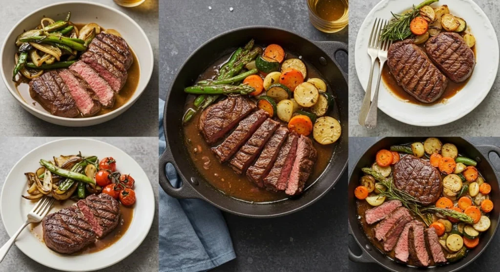 Perfectly cooked eye of round steak sliced on a wooden cutting board