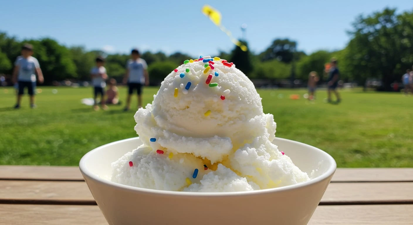 Snow ice cream recipe with fresh snow, milk, sugar, and vanilla, topped with chocolate chips and served in a bowl