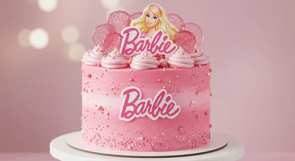 Stunning Barbie cake design featuring a pink gown with intricate detailing, perfect for a girl's birthday celebration.