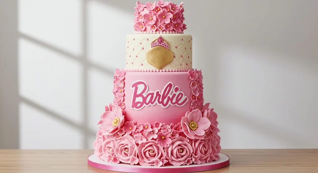 Stunning Barbie cake design featuring a pink gown with intricate detailing, perfect for a girl's birthday celebration.