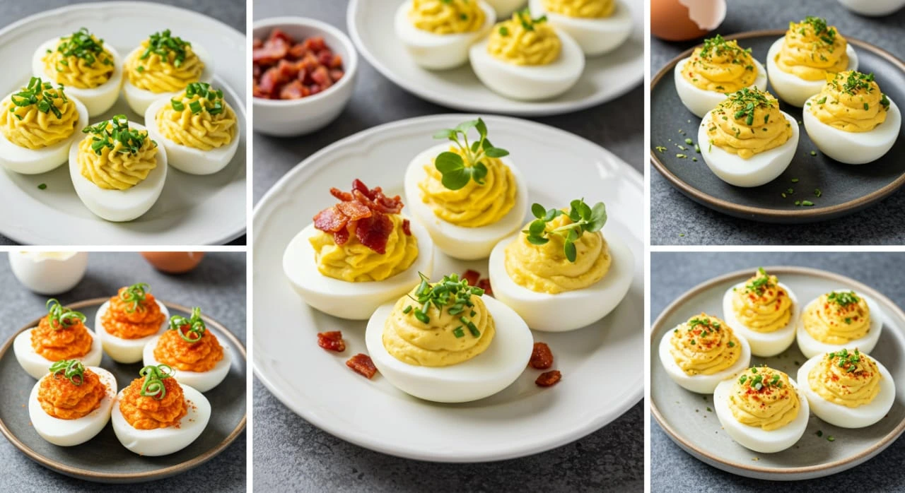 A close-up of a platter of deviled egg Recipes garnished with paprika and fresh herbs.