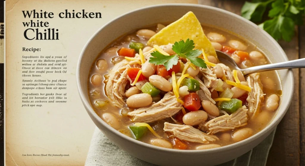 White Chicken Chili recipe - a hearty and healthy dish with shredded chicken, white beans, and creamy broth.