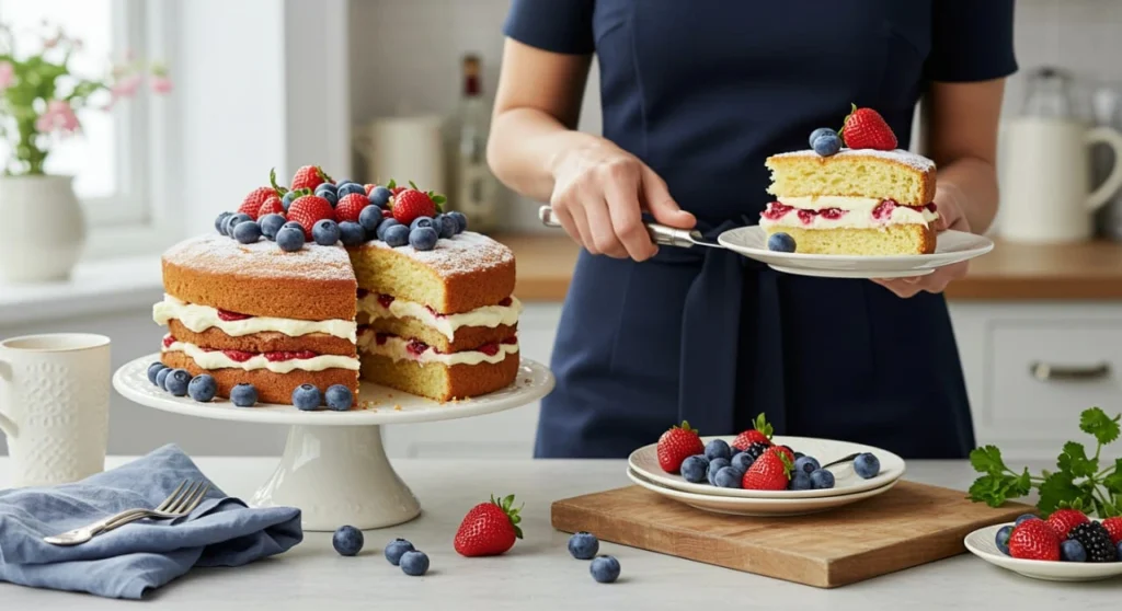 A beautifully baked Victoria Cake with a golden sponge, layered with strawberry jam and whipped cream, dusted with powdered sugar, displayed on a white cake stand.