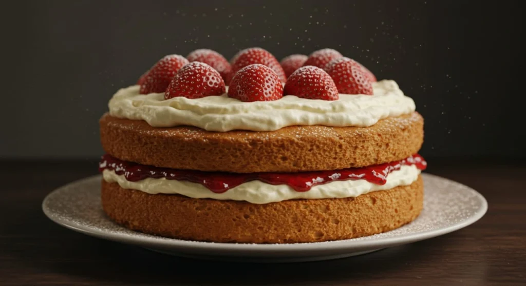 A beautifully baked Victoria Cake with a golden sponge, layered with strawberry jam and whipped cream, dusted with powdered sugar, displayed on a white cake stand.