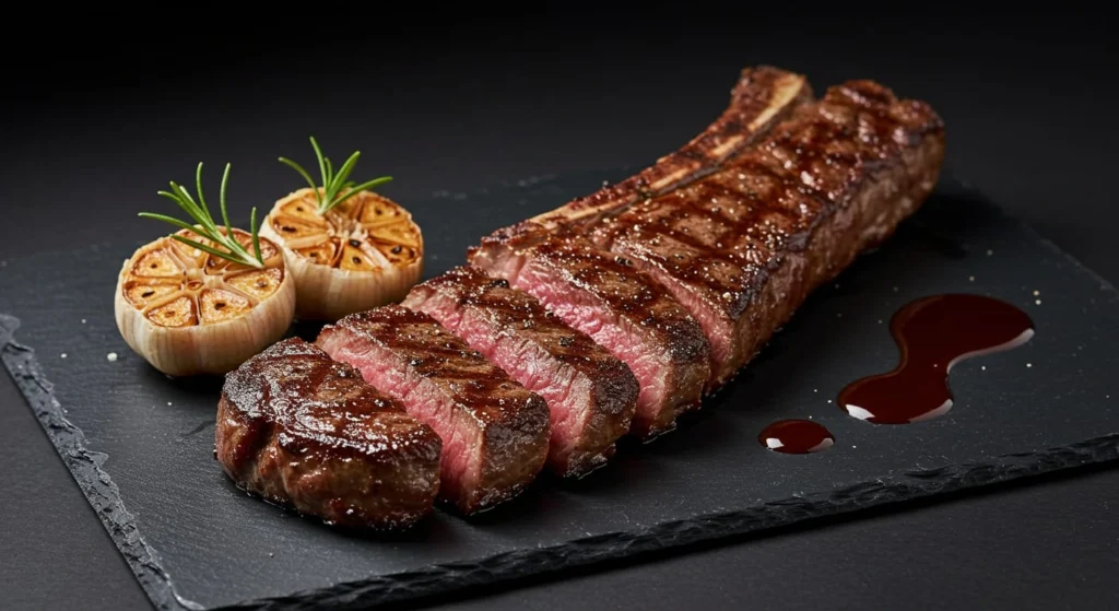 Perfectly seared blade steak served with vegetables and herbs