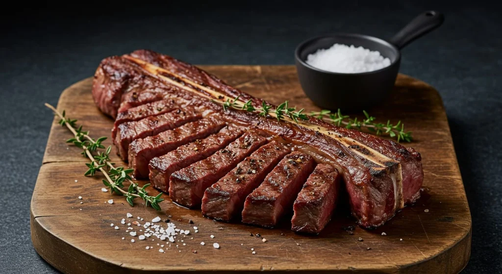 Perfectly seared blade steak served with vegetables and herbs