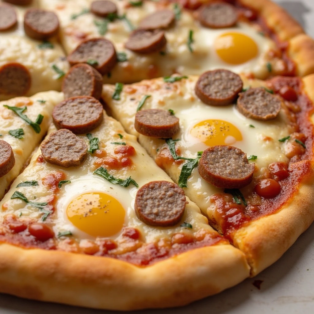 A freshly baked sausage breakfast pizza topped with scrambled eggs, sausage crumbles, and melted cheese on a golden crust