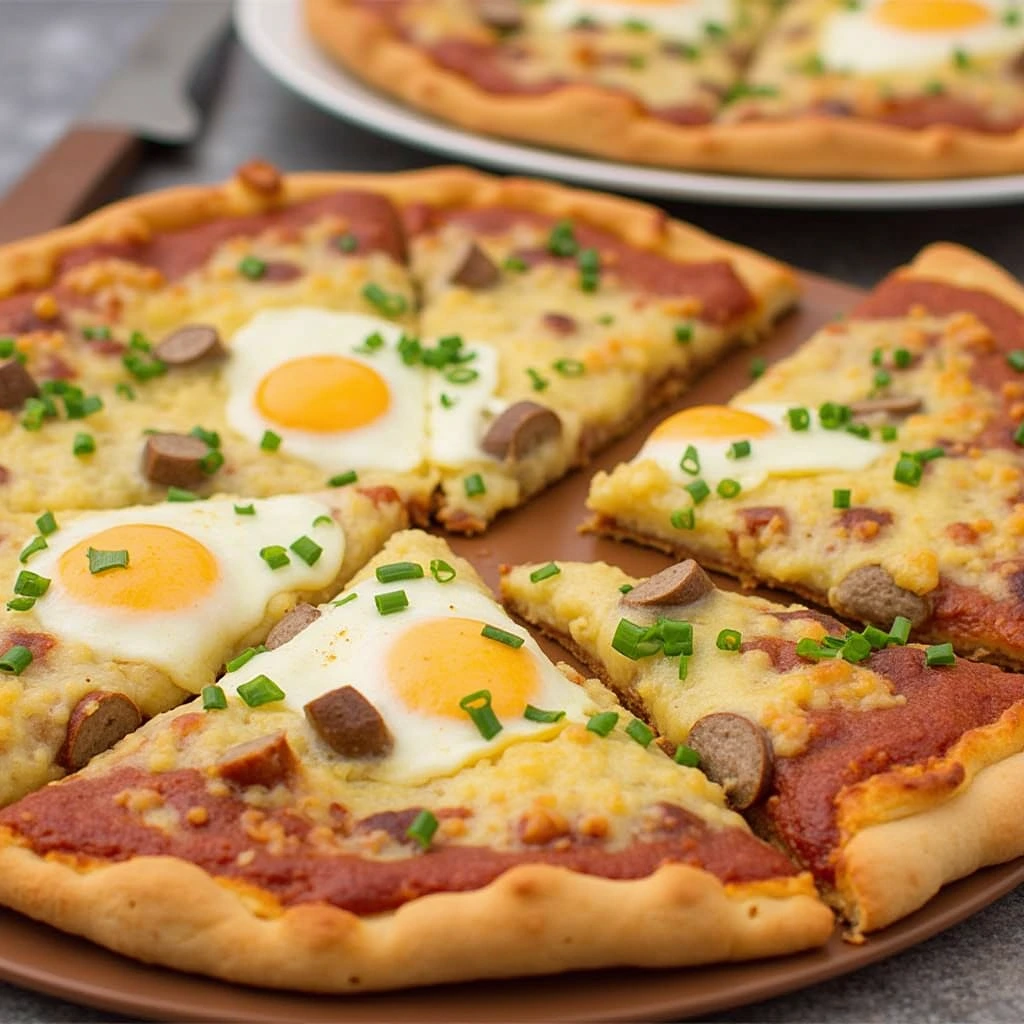 A freshly baked sausage breakfast pizza topped with scrambled eggs, sausage crumbles, and melted cheese on a golden crust