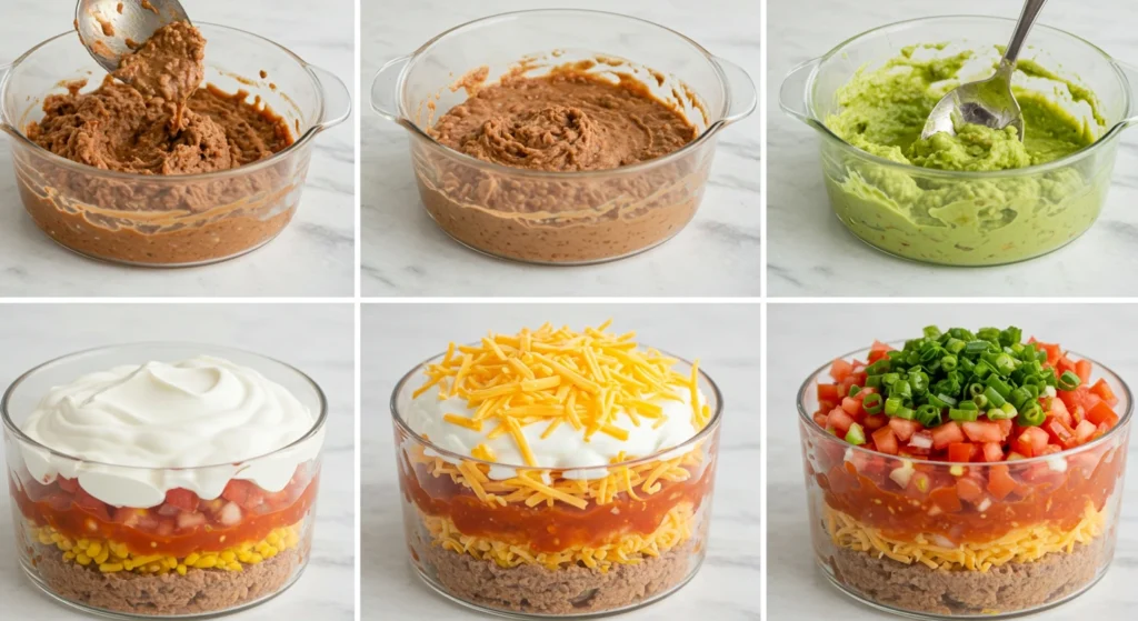 A colorful 7 Layer Bean Dip Recipe in a glass dish, topped with fresh guacamole, shredded cheese, and diced tomatoes