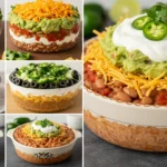 A colorful 7 Layer Bean Dip recipe in a glass dish, topped with fresh guacamole, shredded cheese, and diced tomatoes