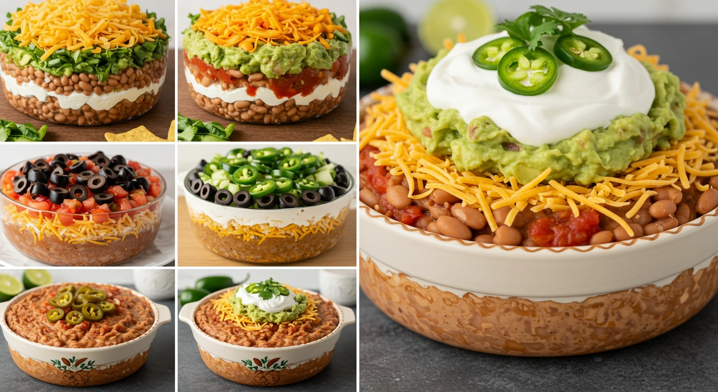 A colorful 7 Layer Bean Dip recipe in a glass dish, topped with fresh guacamole, shredded cheese, and diced tomatoes