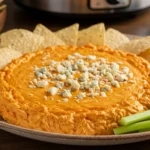 Crock Pot Buffalo Chicken Dip Recipe with creamy cheese and spicy buffalo sauce served in a bowl