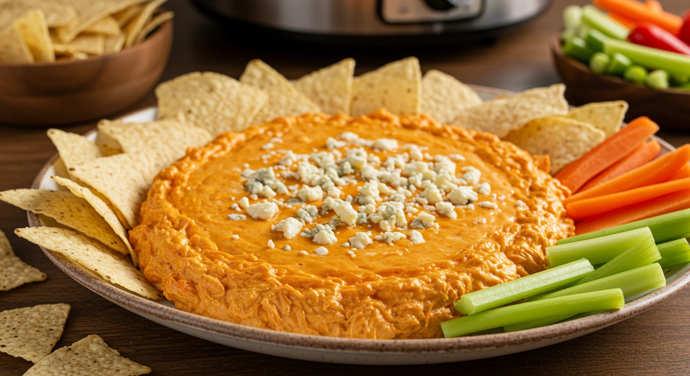 Crock Pot Buffalo Chicken Dip Recipe with creamy cheese and spicy buffalo sauce served in a bowl