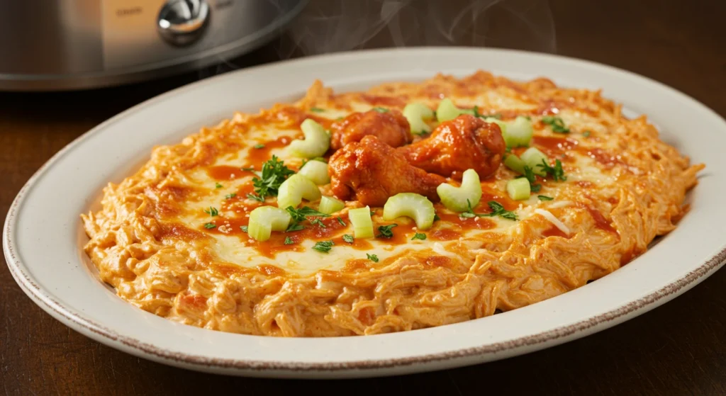 Crock Pot Buffalo Chicken Dip Recipe with creamy cheese and spicy buffalo sauce served in a bowl.