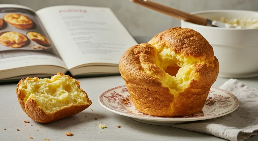 Freshly baked golden-brown popover recipe with a crisp exterior and soft, airy interior on a baking rack.