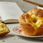 Freshly baked golden-brown popover recipe with a crisp exterior and soft, airy interior on a baking rack.