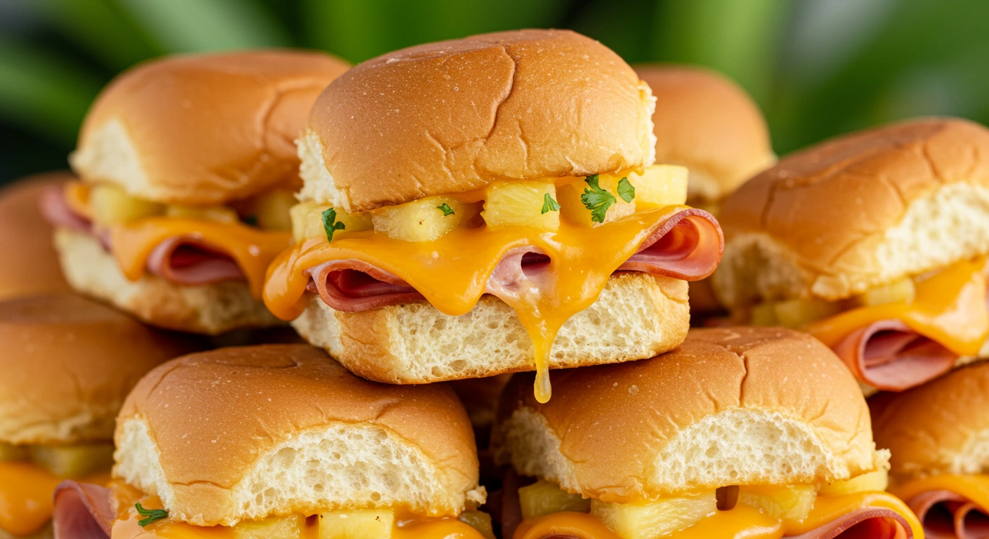 Golden, cheesy Hawaiian Ham and Cheese Sliders Recipe fresh out of the oven, perfect for parties and gatherings.