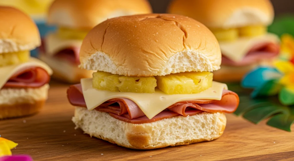 Golden, cheesy Hawaiian ham and cheese sliders fresh out of the oven, perfect for parties and gatherings.